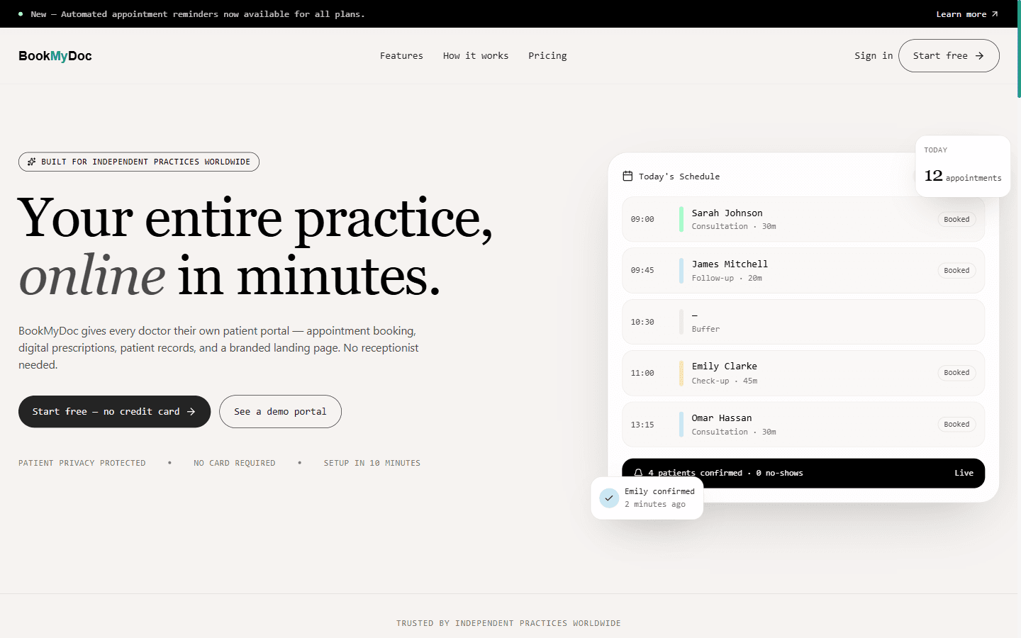 BookMyDoc homepage showing a doctor's daily schedule with booked appointments, buffers, and live confirmation status