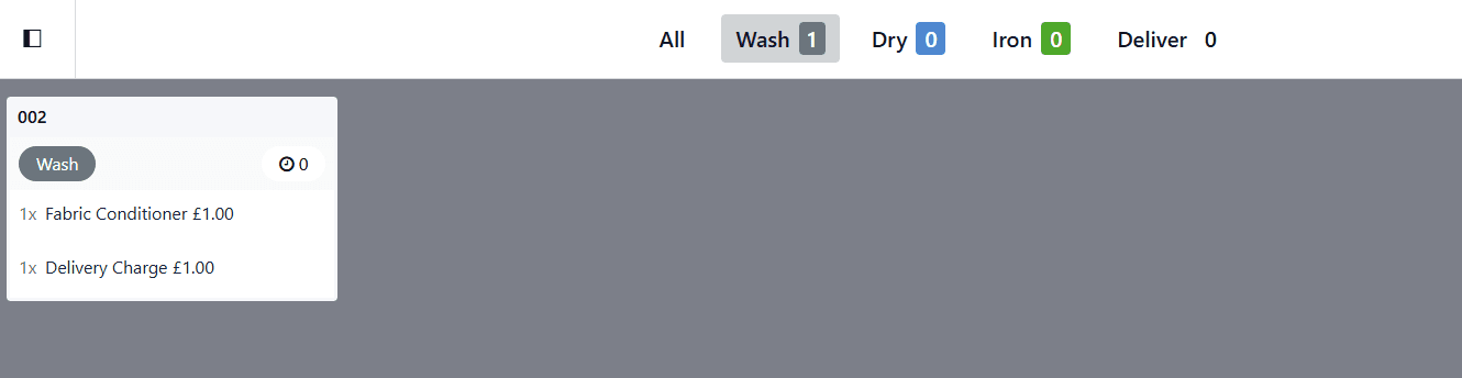 Staff preparation screen with Wash, Dry, Iron and Deliver lanes showing a live order ticket