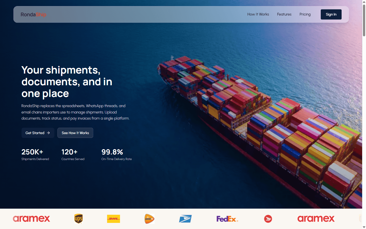 RondaShip platform homepage: shipments, documents and invoices in one place, with carrier integrations listed beneath