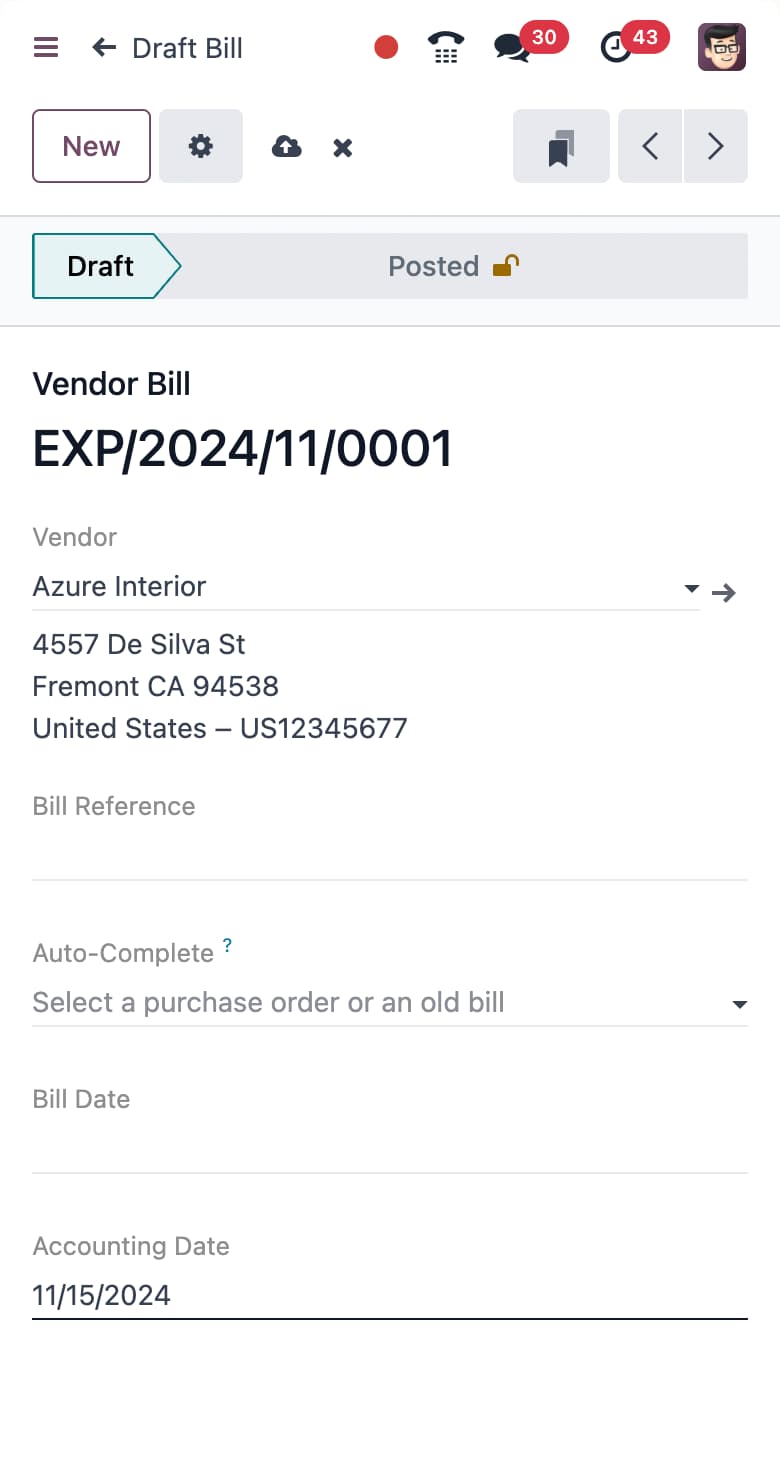 Odoo vendor bill being entered on a mobile phone, with vendor, dates and accounting fields