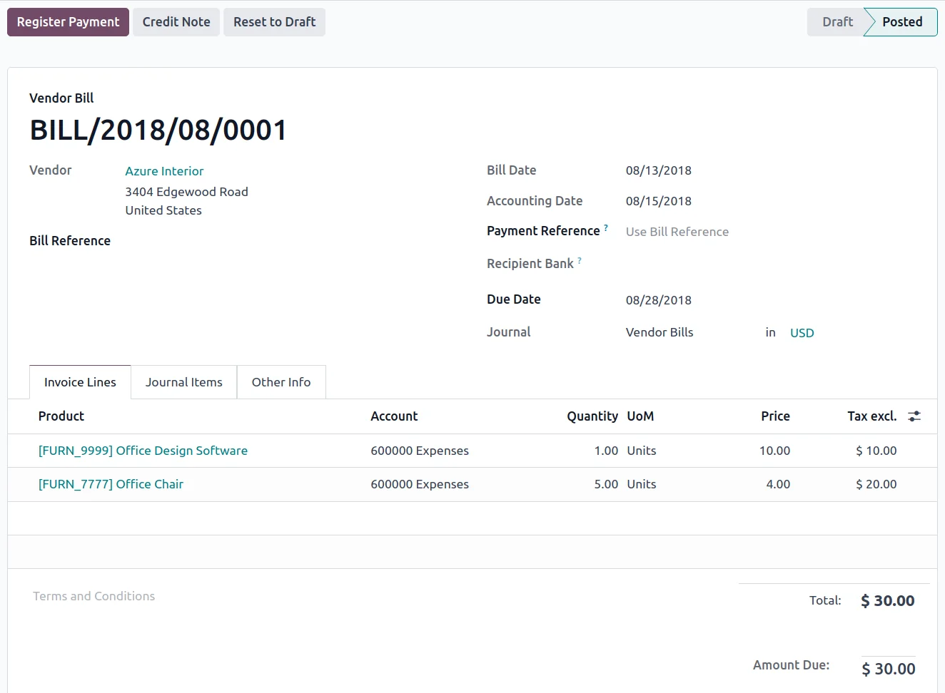 Odoo vendor bill form with invoice lines, accounts, due date and a register payment action