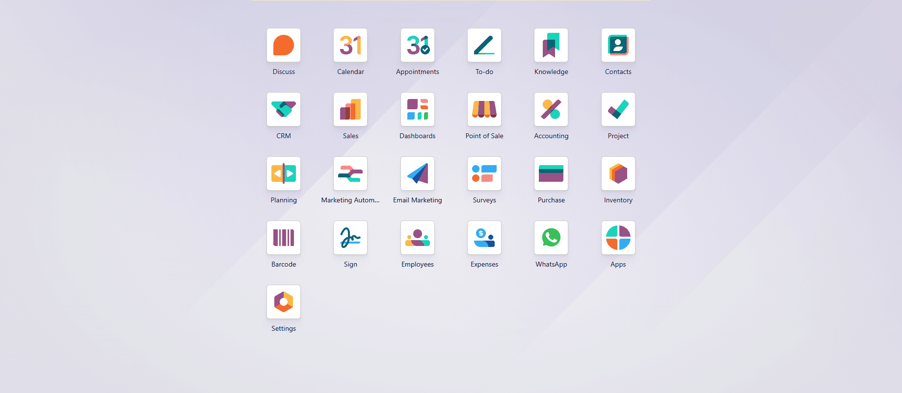 Installed module set showing Sales, Point of Sale, Accounting, Inventory, Purchase, Barcode and WhatsApp among others