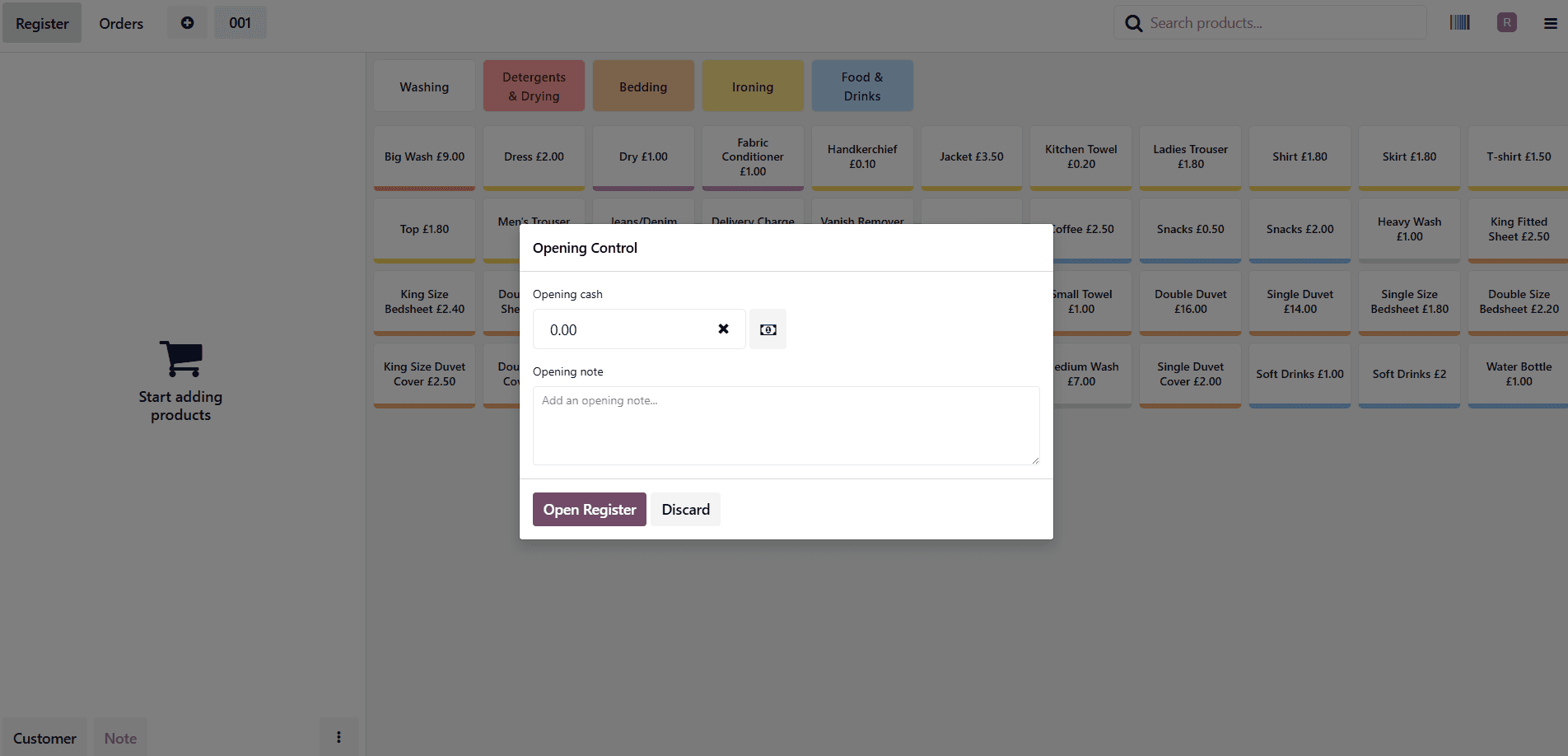 Point of sale register showing a live product grid with prices in GBP and the opening-cash dialog